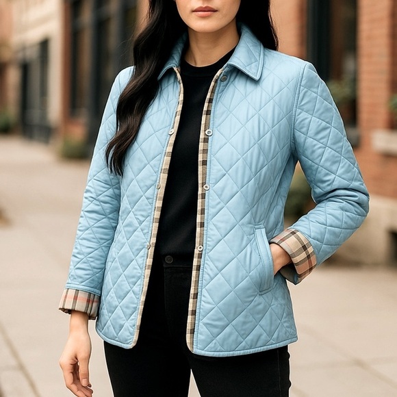 SOLD **   BURBERRY Diamond Quilted Jacket, Nova Check Lining, Light Blue XS - Picture 13 of 15
